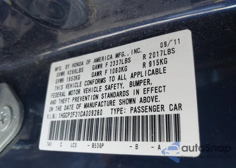 2012 Honda Accord 2.4 Lx z USA, uszkodzony, nr VIN 1HGCP2F31CA009280